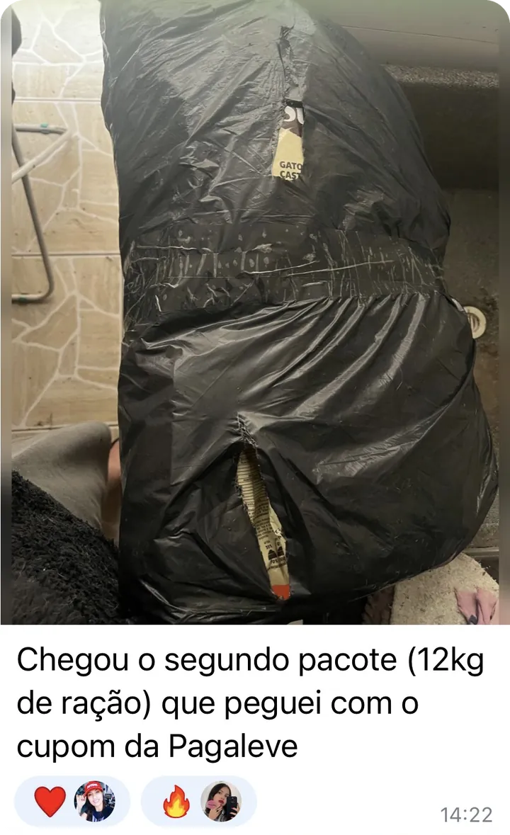 Foto de um pacote grande embalado: “Chegou o segundo pacote (12kg de ração) que peguei com o cupom da Pagaleve”