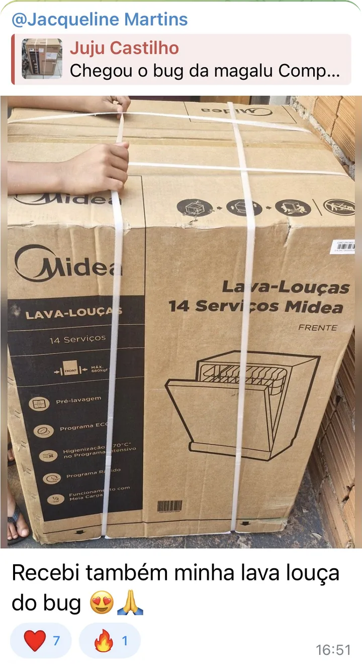 Foto da caixa de uma lava-louças Midea de 14 serviços: “Recebi também minha lava louça do bug”