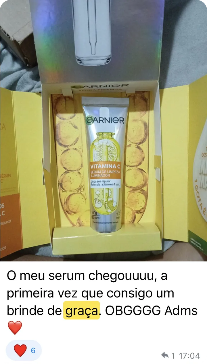 Foto de um sérum Garnier Vitamina C na embalagem: “O meu sérum chegouuuu, a primeira vez que consigo um brinde de graça. OBGGGG Adms”